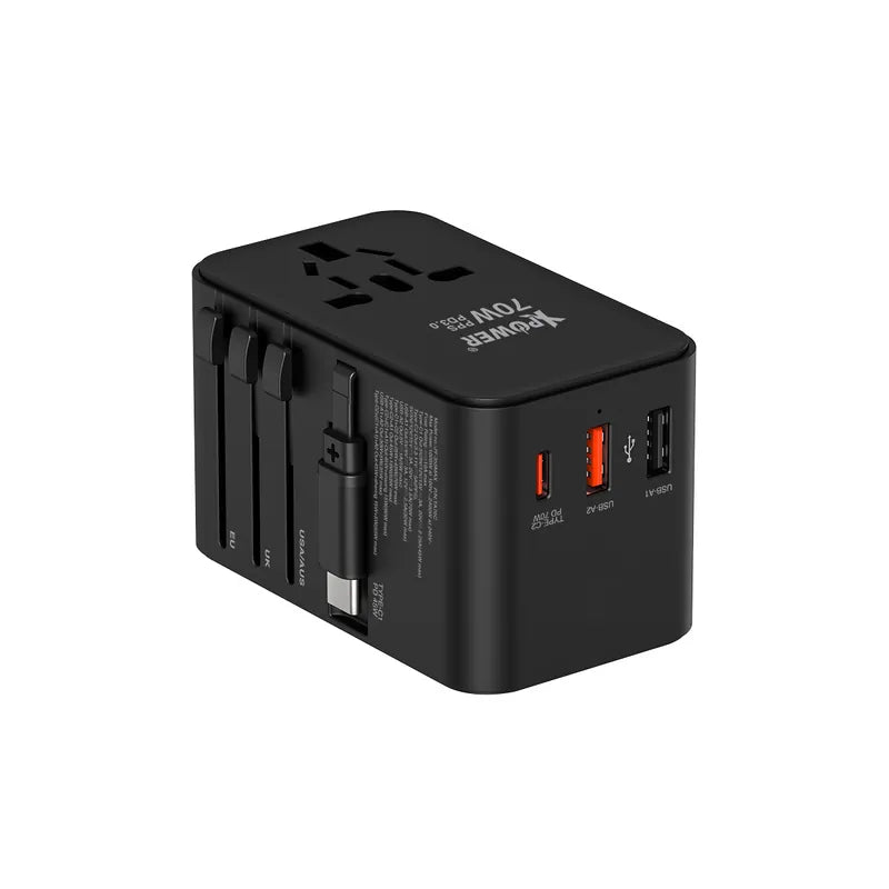 XPower TA70C Built-in Cable 70W PD+PPS GaN Travel Adaptor - بلاك حائط شحن دولي - 3 فتحات للشحن - 1 فتحات تايب سي +2 فتحة يو اس بي - قوة 70 واط  مع كيبل تايب سي - كفالة 12 شهر