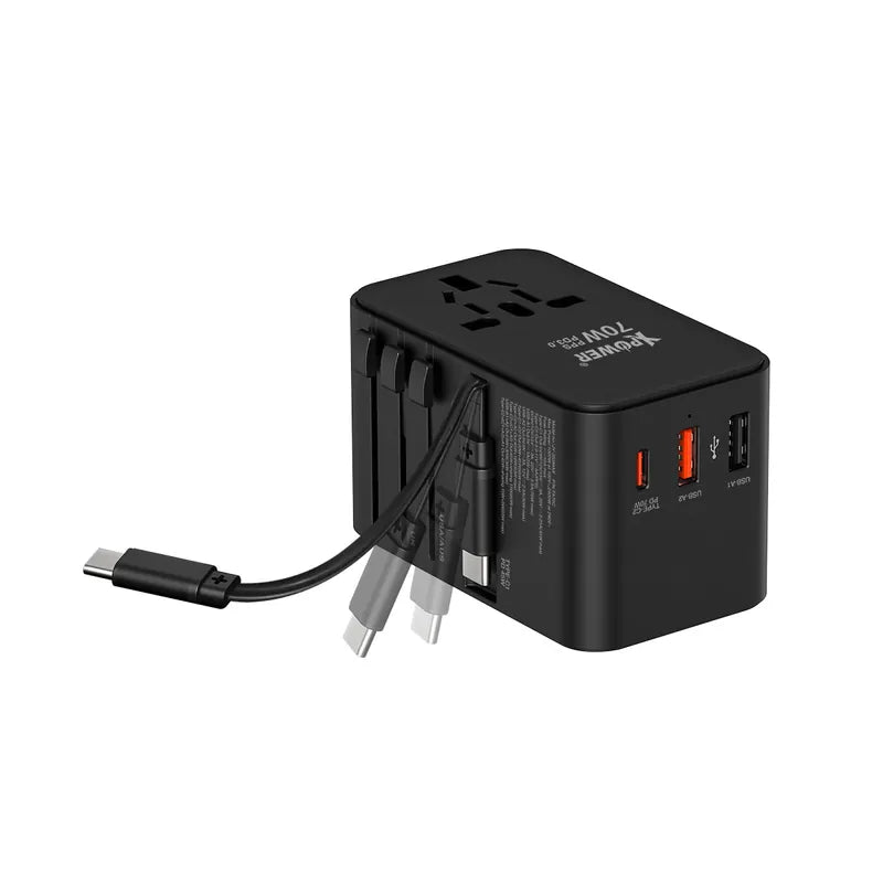 XPower TA70C Built-in Cable 70W PD+PPS GaN Travel Adaptor - بلاك حائط شحن دولي - 3 فتحات للشحن - 1 فتحات تايب سي +2 فتحة يو اس بي - قوة 70 واط  مع كيبل تايب سي - كفالة 12 شهر