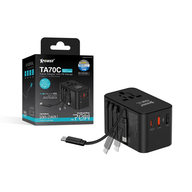 XPower TA70C Built-in Cable 70W PD+PPS GaN Travel Adaptor - بلاك حائط شحن دولي - 3 فتحات للشحن - 1 فتحات تايب سي +2 فتحة يو اس بي - قوة 70 واط  مع كيبل تايب سي - كفالة 12 شهر