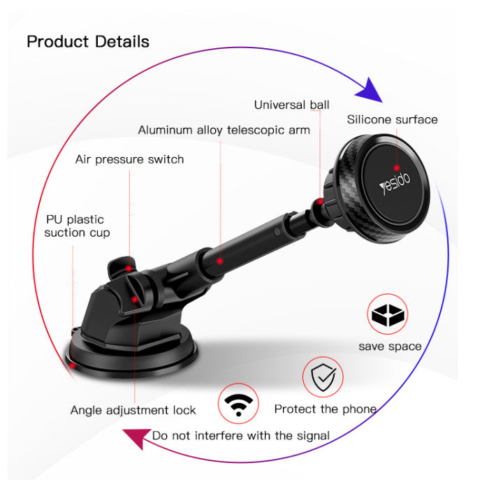 Yesido C67 360 Adjustable Dashboard Mobile Magnetic Magnet Moblie Phone Holder For Car - ستاند سيارة - ذراع طويل - مغناطيس - دوران 360 درجه - مناسب لجميع انواع الاجهزة