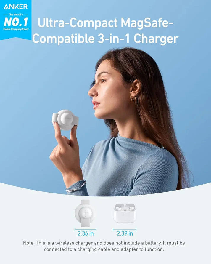 Anker MagGo Wireless Charging Station (3-in-1, Foldable Pad) with Adapter and Cable -White [D] - ستاند شحن - 3 في 1 خاصية الشحن السريع - شحن الايفون + الساعة + السماعة - كفالة 18 شهر