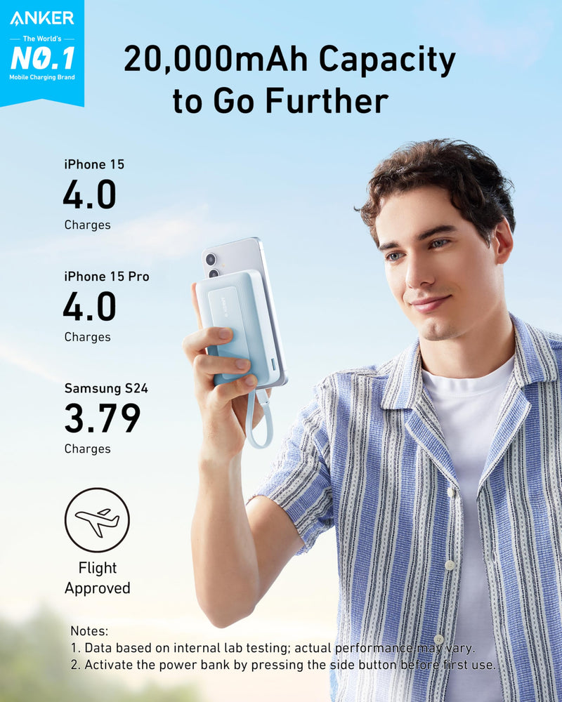 Anker Zolo Power Bank (20K, 30W, Built-In USB-C Cable) - Blue [D] - بطارية متنقلة - انكر - سعة 20 آلف ملي امبير - قوة 30 واط - مع سلك شحن تايب سي - كفالة 18 شهر