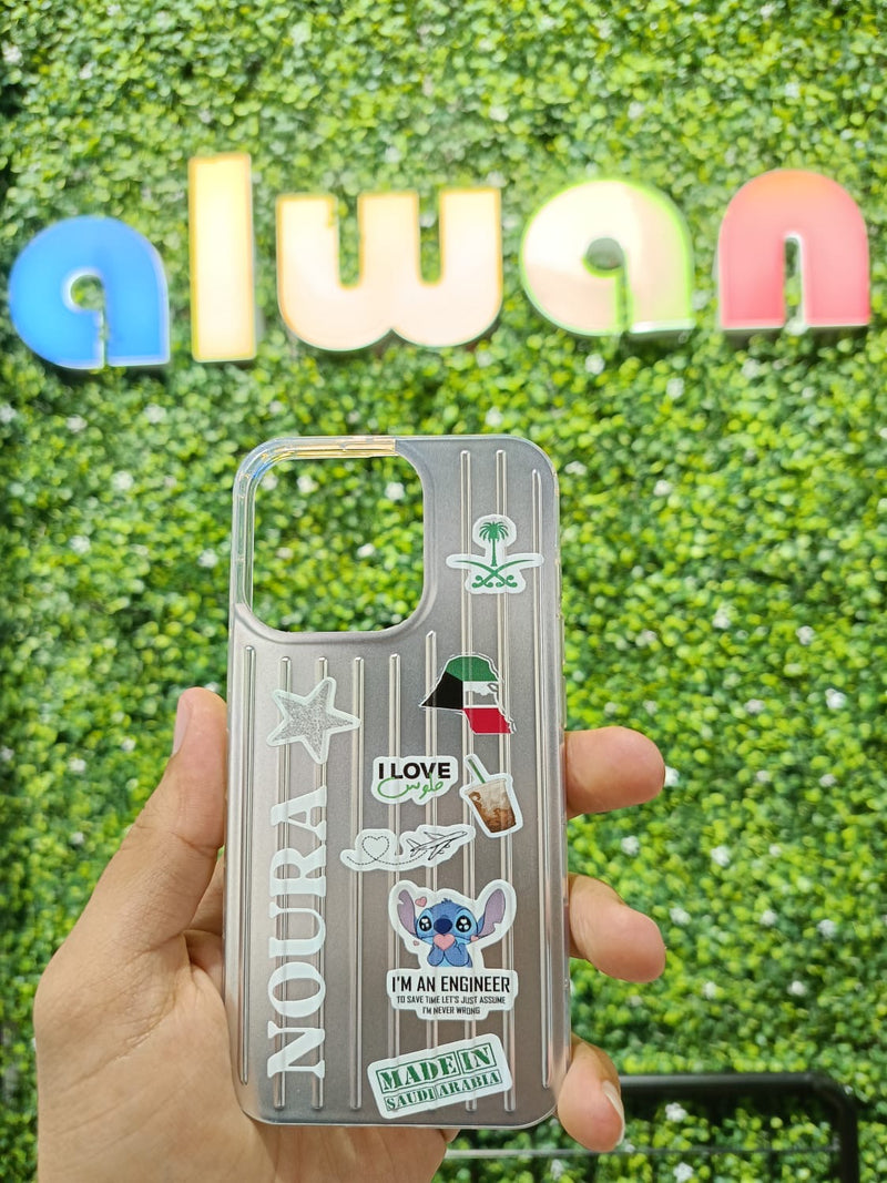 Noufa Silver Phone Case - كفر مع ستيكرز طباعة من اختياركم - الكفر + التصميم + البروفة + الطباعة - سيتم التواصل معكم لتحديد الكلمات والصور