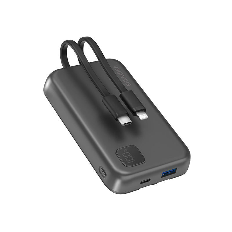 Energea Integra Duo 10000mAh Power Bank with Built-in MFI Lightning & USB-C Cable -Gunmetal - بطارية متنقلة - انيرجيا - قوة 10000 - منفذين للشحن الذكي - سلك شحن أيفون + سلك شحن تايب سي - شاشة رقمية - قوة 20 واط