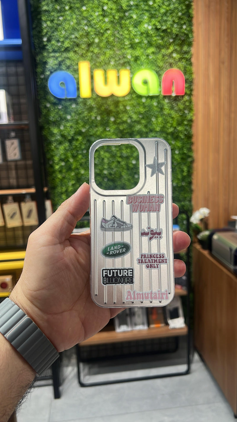 Noufa Silver Phone Case - كفر مع ستيكرز طباعة من اختياركم - الكفر + التصميم + البروفة + الطباعة - سيتم التواصل معكم لتحديد الكلمات والصور