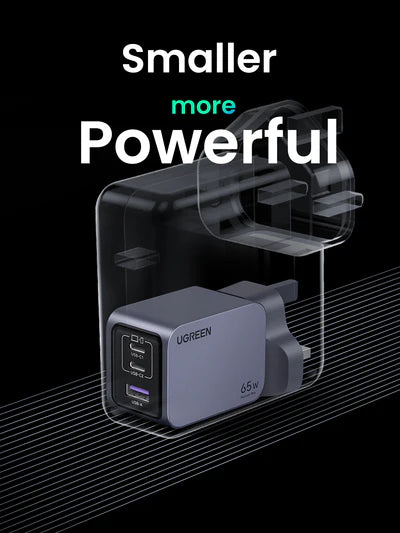 UGREEN Nexode Pro 65W 3-Port GaN Fast Charger [B] - شاحن حائط  - يو جرين - 2 فتحتين تايب سي - 1 فتحة يو اس بي - قوة 65 واط - كفالة 12 شهر