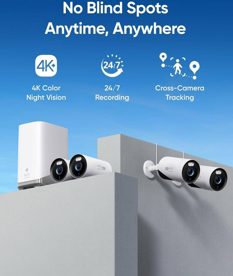 EufyCam E330 (Professional) 4-Cam Kit, 4K Outdoor Security Camera System,1TB Hard Drive Included [D] - 4K كاميرا - يوفي الذكية - قاعدة كاميرات مدمج معها مساحة تخزين 1 تيرا بايت + 4 كاميرات خارجيه - مقاومة للماء والغبار - انكر