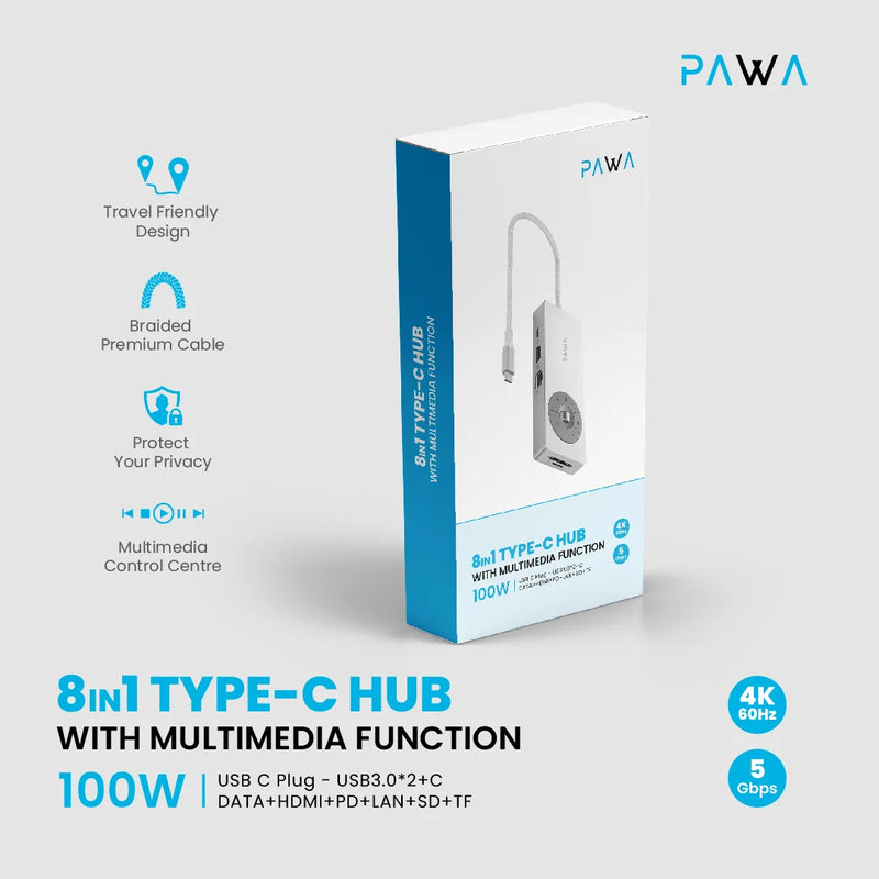 Pawa 8 in 1 Type-C Hub With Multimedia Function PD100W [O] - وصلة تايب سي - 8 في 1 - لاجهزة الايباد برو والماك بوك - متعددة الاستخدام - كفالة 12 شهر