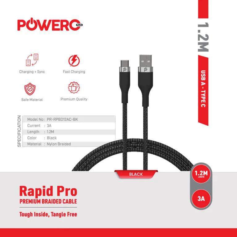 Powero+ Rapid Pro Premium Braided Cable USB A to TYPE C - Black - سلك شحن تايب سي - باوارو - 1.2 سم - كفالة 12 شهر