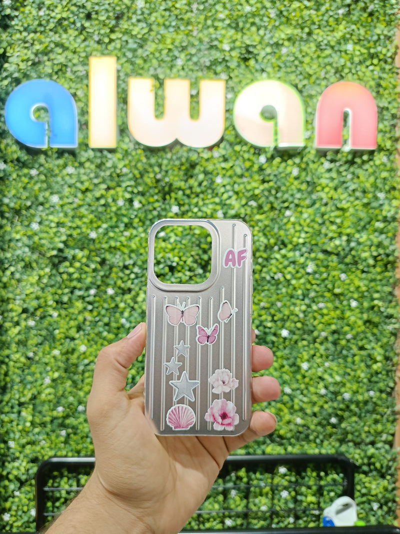 Noufa Silver Phone Case - كفر مع ستيكرز طباعة من اختياركم - الكفر + التصميم + البروفة + الطباعة - سيتم التواصل معكم لتحديد الكلمات والصور