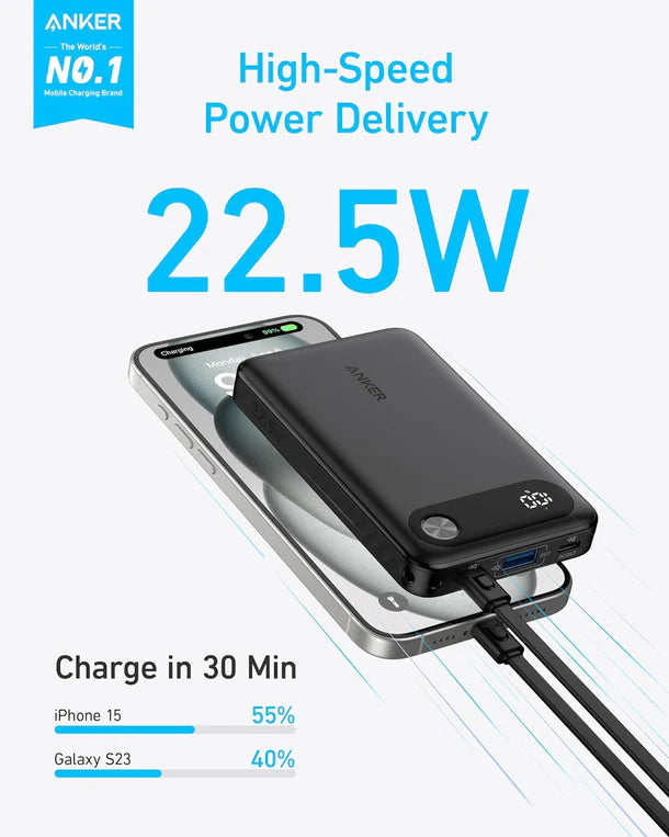 Anker Power Bank 10K With LCD - بطارية متنقلة - انكر - سعة 10 آلاف ملي امبير - مع سلك شاحن تايب سي - قوة 22.5 واط - شاشة رقمية - كفالة 18 شهر