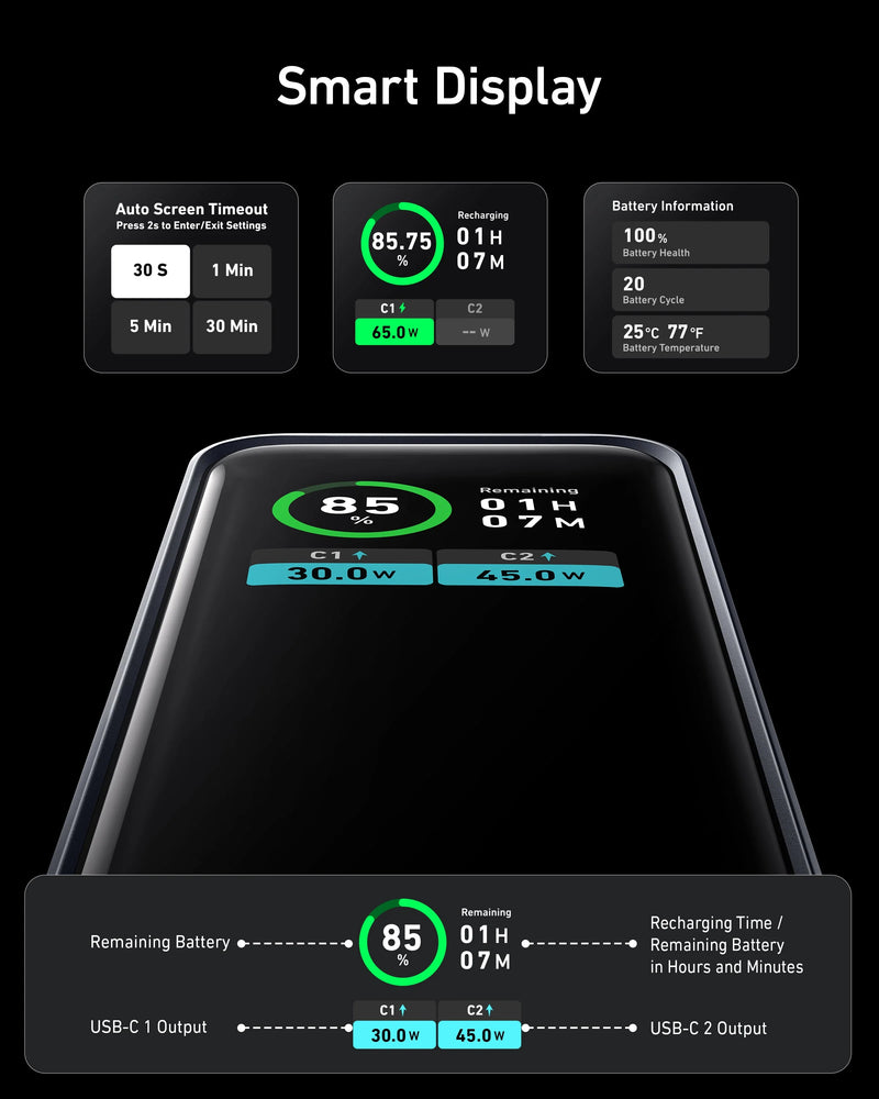 Anker Prime 12,000mAh Power Bank (130W) Series 7 - Black - [D] - بطارية متنقلة - انكر  - سعة 12 الف - قوة 130 واط - شاشة رقمية - كفالة 18 شهر