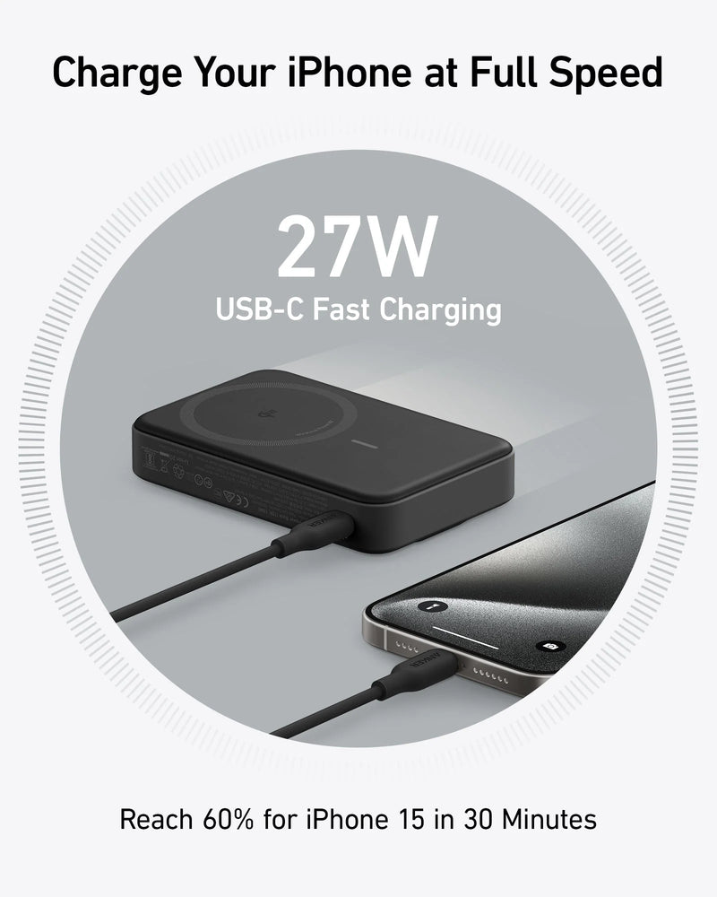 Anker MagGo Power Bank (10K) 15W Ultra-Fast Magnetic Charging with Smart Display - Black - [D] - بطارية متنقلة - انكر - ماغ سيف - سعة 10 آلاف - شاشة رقمية - قوة 15 واط - كفالة 18 شهر