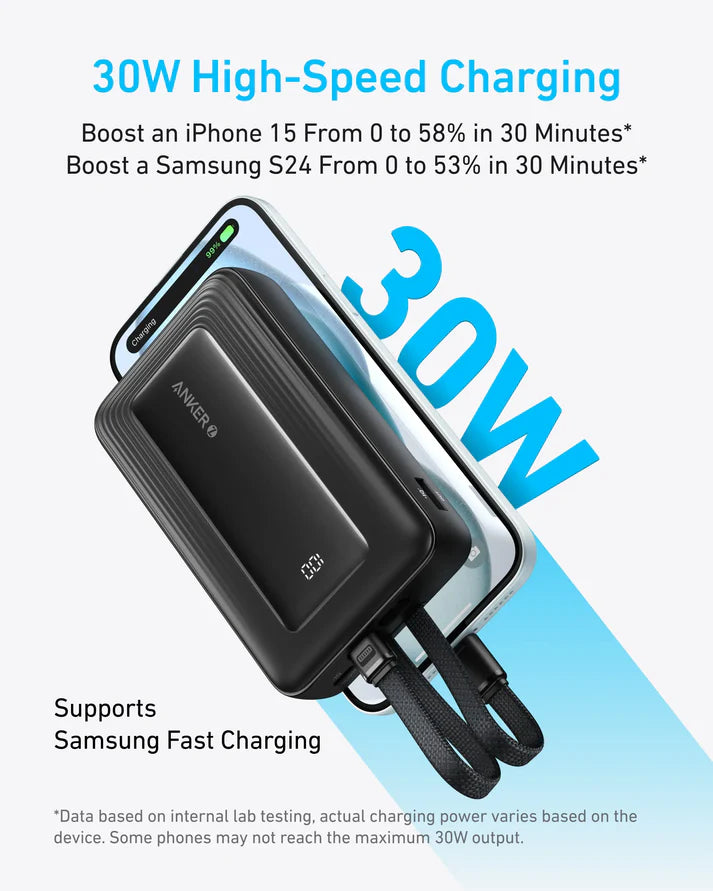 Anker Zolo Power Bank (20K, 30W, Built-In USB-C and Lightning Cable) -Black [D] - بطارية متنقلة - انكر - سعة 20 آلف ملي امبير - قوة 30 واط - مع سلك شحن تايب سي + ايفون - كفالة 18 شهر