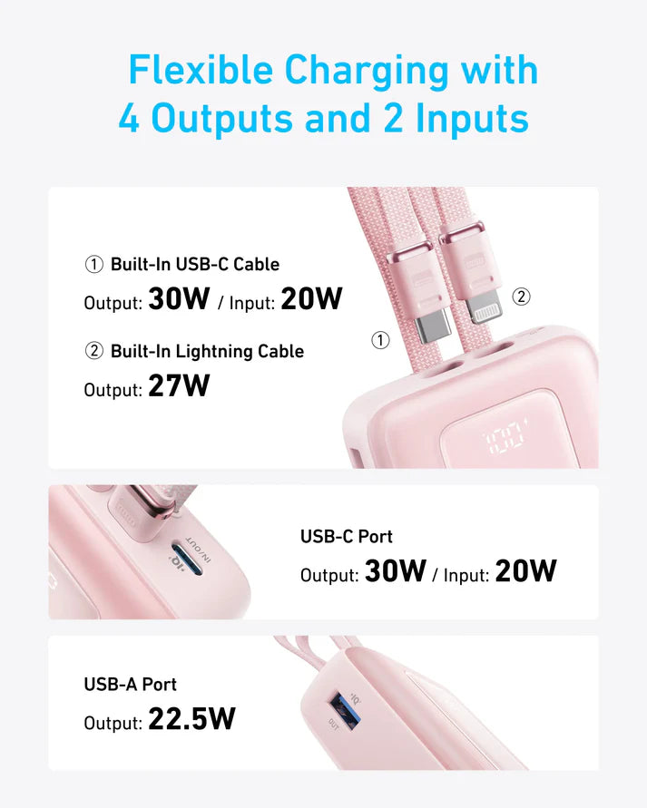 Anker Zolo Power Bank (20K, 30W, Built-In USB-C and Lightning Cable) -Pink [D] - بطارية متنقلة - انكر - سعة 20 آلف ملي امبير - قوة 30 واط - مع سلك حسن  تايب سي + ايفون - كفالة 18 شهر