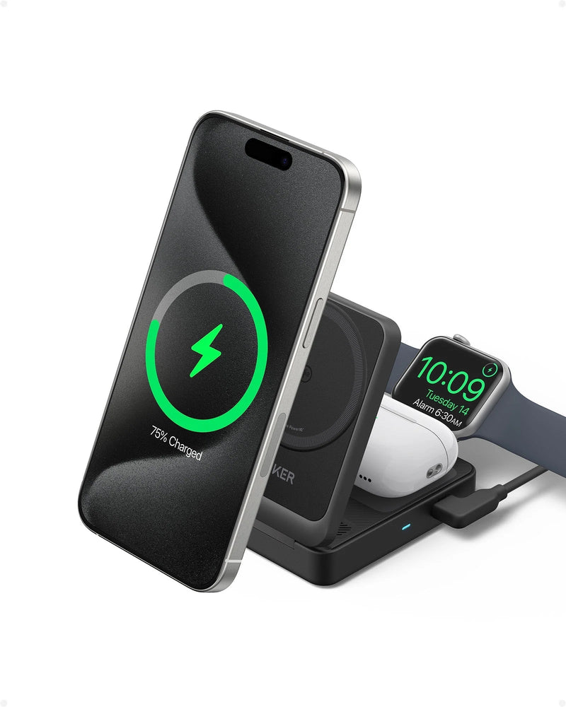 Anker MagGo Wireless Charging Station (15W, Foldable 3-in-1) - Black - [D] - قاعدة شحن 3 في 1 - انكر - كفالة 18 شهر