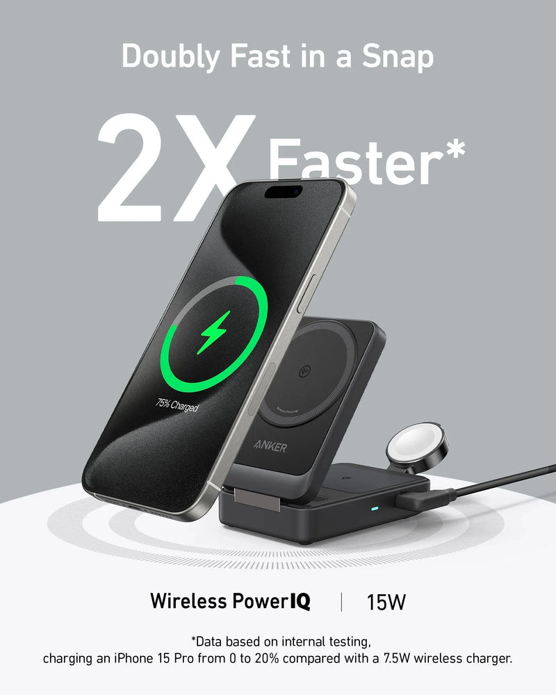 Anker MagGo Wireless Charging Station (15W, Foldable 3-in-1) - Black - [D] - قاعدة شحن 3 في 1 - انكر - كفالة 18 شهر