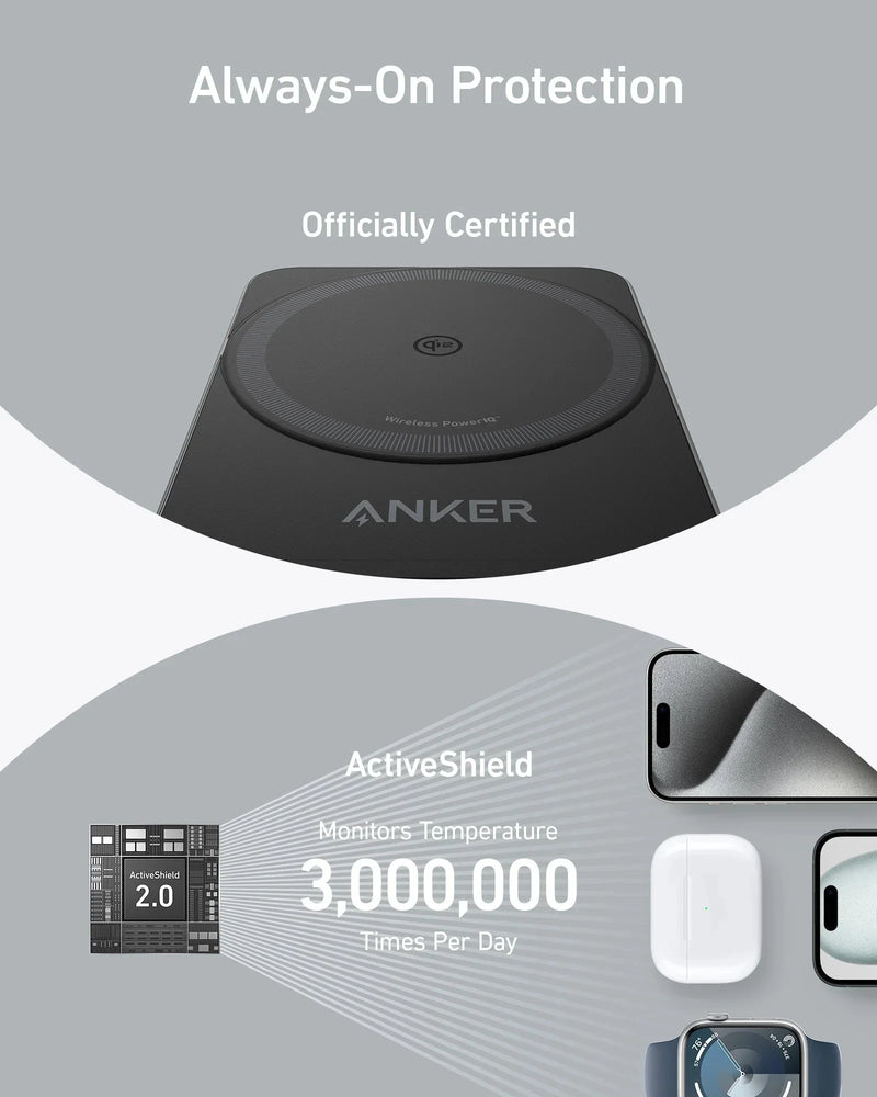 Anker MagGo Wireless Charging Station (15W, Foldable 3-in-1) - Black - [D] - قاعدة شحن 3 في 1 - انكر - كفالة 18 شهر