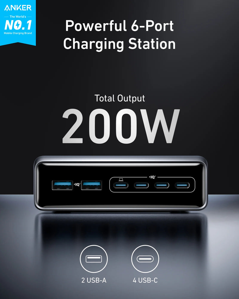 Anker Prime Charger (200W, 6 Ports, GaN) [D] - موزع شحن - انكر - 6 فتحات - قوة 200 واط - كفالة 18 شهر