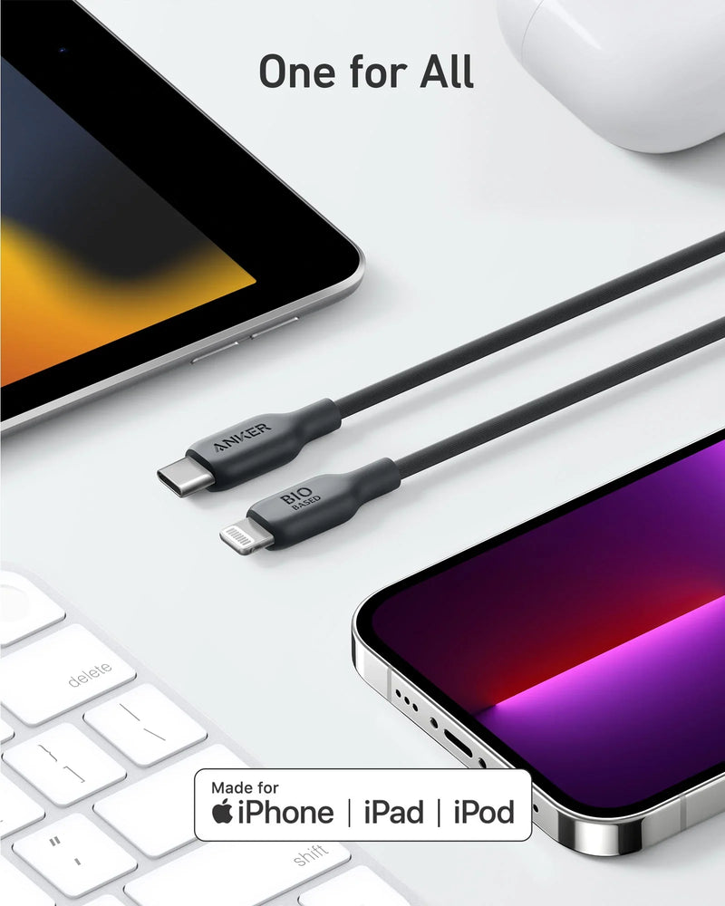 Anker 542 USB-C to Lightning (Bio-Based) - 0.9m/3ft - Black [D] - سلك شحن ايفون تايب سي - انكر - طول 90 سم - كفالة 18 شهر