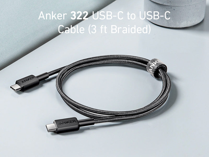 Anker 322 USB-C to USB-C Cable 60W Braided (1.8m/6ft) - Black - سلك شحن - انكر - تايب سي الى تايب سي - كفالة 18 شهر