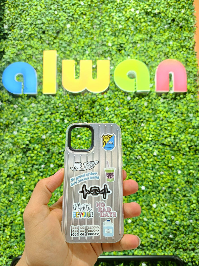 Noufa Silver Phone Case - كفر مع ستيكرز طباعة من اختياركم - الكفر + التصميم + البروفة + الطباعة - سيتم التواصل معكم لتحديد الكلمات والصور