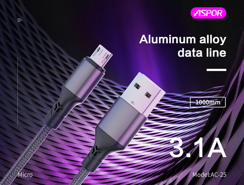 Aspor A100 1M Micro 3A Fast Charge Cable - Black - سلك شحن مايكرو  - طول 1 متر - كفالة 12 شهر