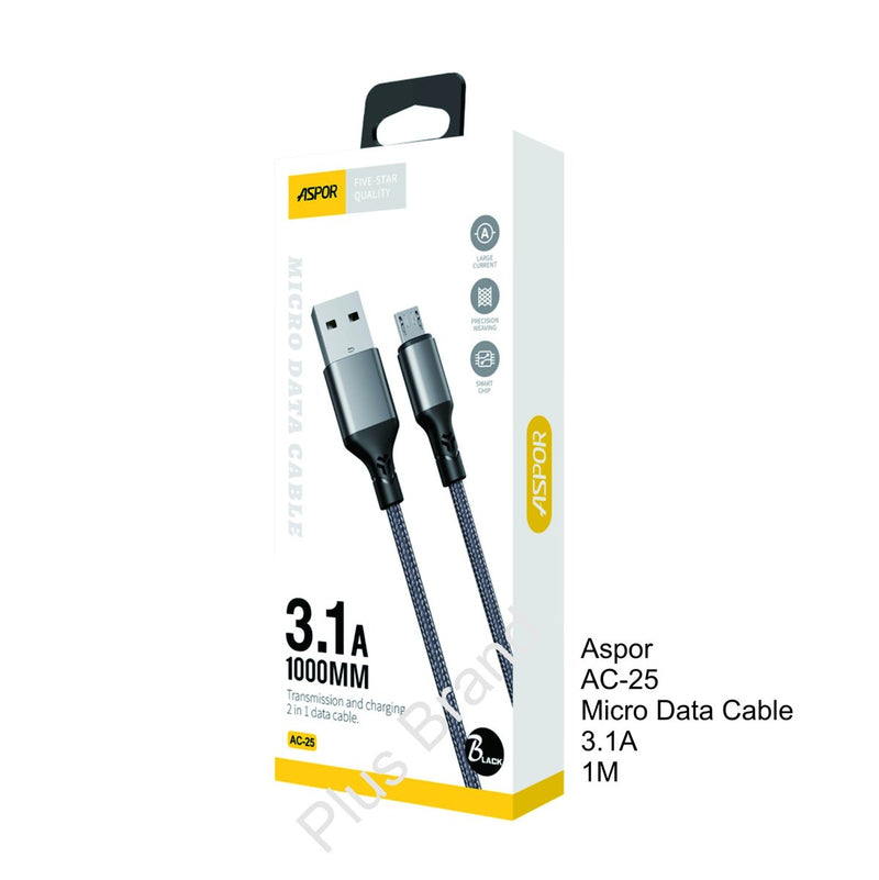 Aspor A100 1M Micro 3A Fast Charge Cable - Black - سلك شحن مايكرو  - طول 1 متر - كفالة 12 شهر