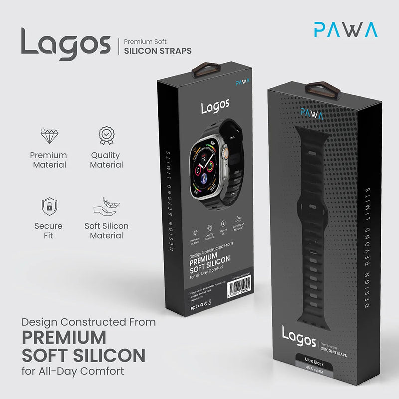 PAWA - Lagos Premium Soft Silicon Straps - Ultra Black - 49/45/44/42mm - سير ساعه أبل واتش