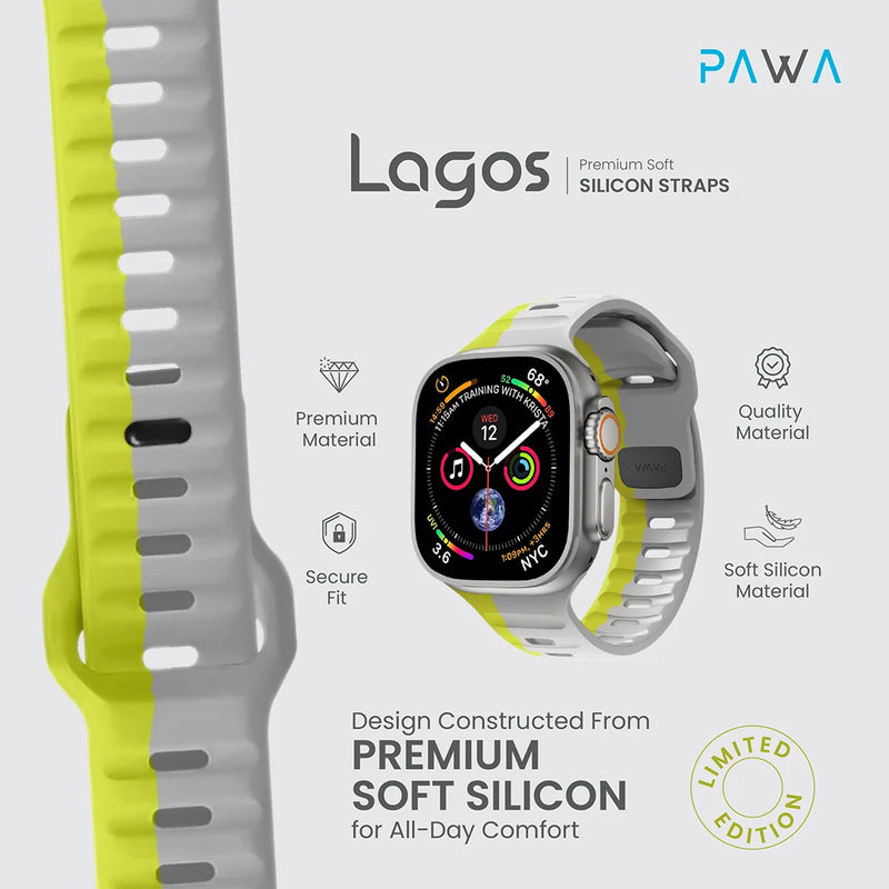 PAWA - Lagos Premium Soft Silicon Straps - Grey & Yellow - 49/45/44/42mm  - سير ساعه أبل واتش