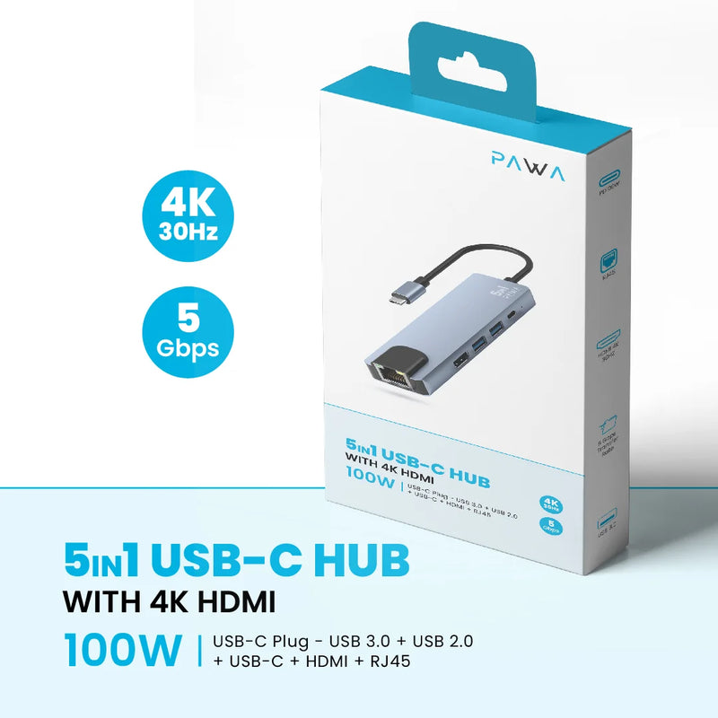 Pawa 5IN1 USB-C HUB WITH 4K HDMI - وصلة تايب سي - 5 في 1 - لاجهزة الايباد برو والماك بوك - متعددة الاستخدام - كفالة 12 شهر