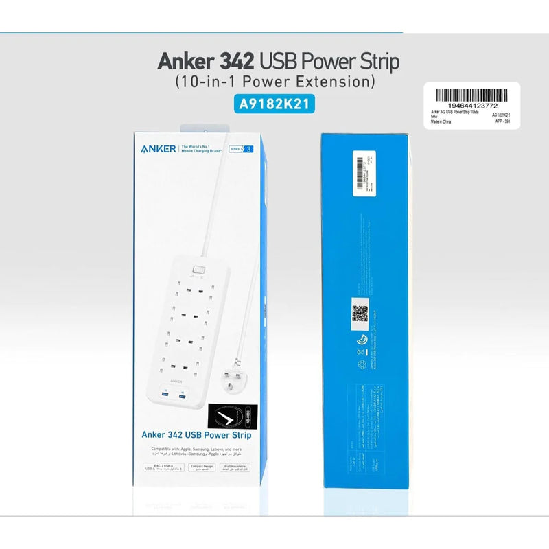 Anker 342 USB Power Strip 8 in 1 -White- موزع شاحن حائط - 2 فتحتين يو اس بي -  8 في 1 - كفالة 18 شهرk