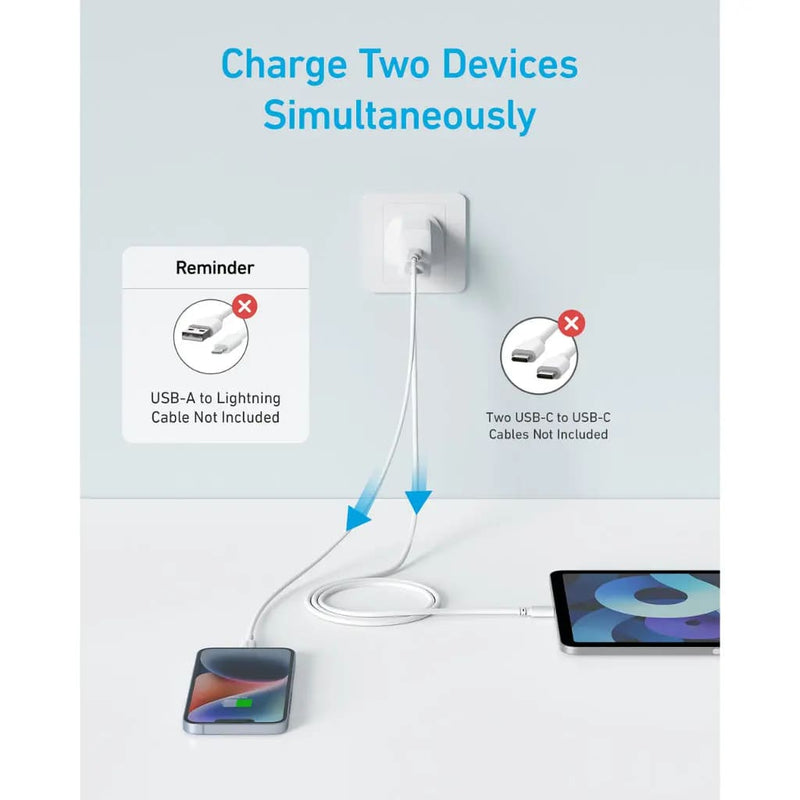 Anker Select Charger (20W) - White [D] - شاحن حائط - انكر -2 منفذين للشحن - 20 واط - 1 منفذ تايب سي - 1 منفذ يو اس بي - خاصية الشحن السريع - كفالة 18 شهر - مناسب لاجهزة الايفون الحديثة