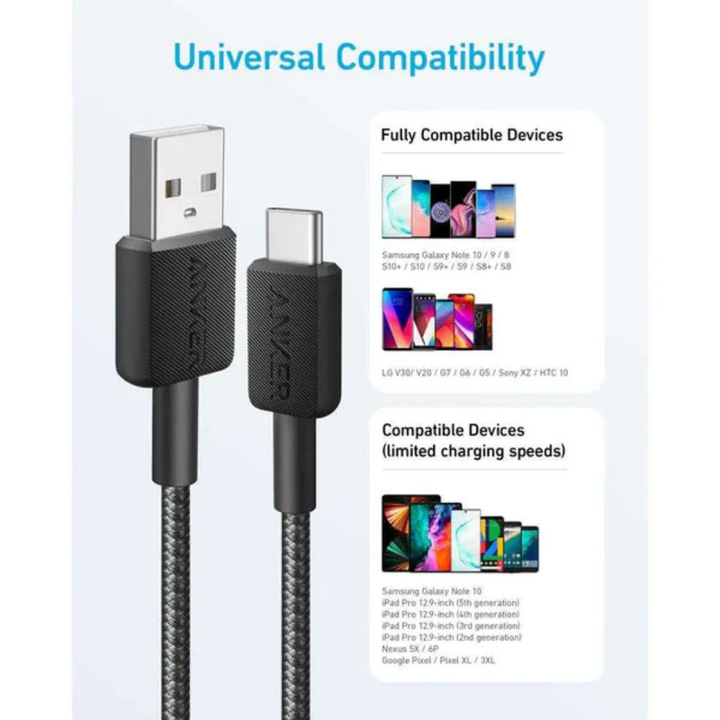 Anker 322 USB-A to USB-C Cable 1.8m Braided - white [D] - سلك شحن - انكر - تايب سي - طول 180 سم - كفالة 18 شهر