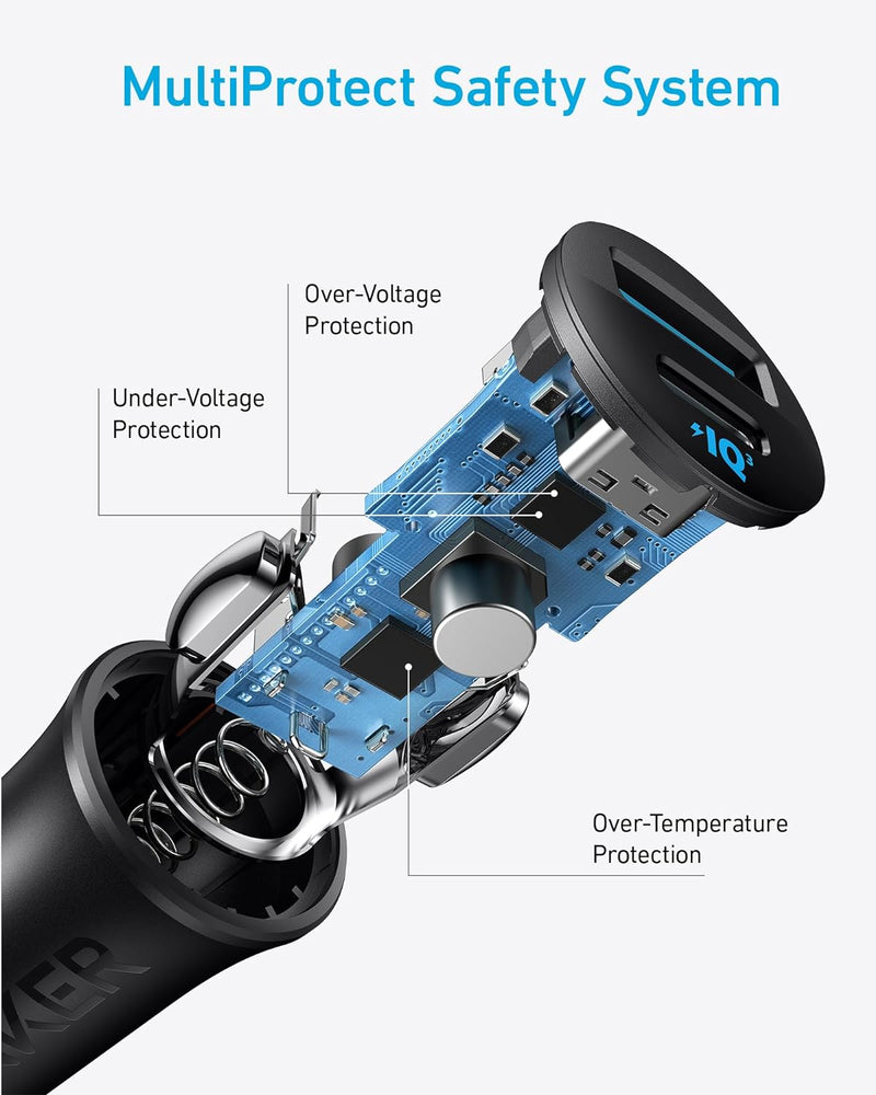 Anker Car Charger (30W, 2 Ports) [D] - Black - شاحن ولاعة للسيارة - انكر - قوة 30 واط - منفذ تايب سي للشحن السريع ومنفذ للشحن الذكي - كفالة 18 شهر