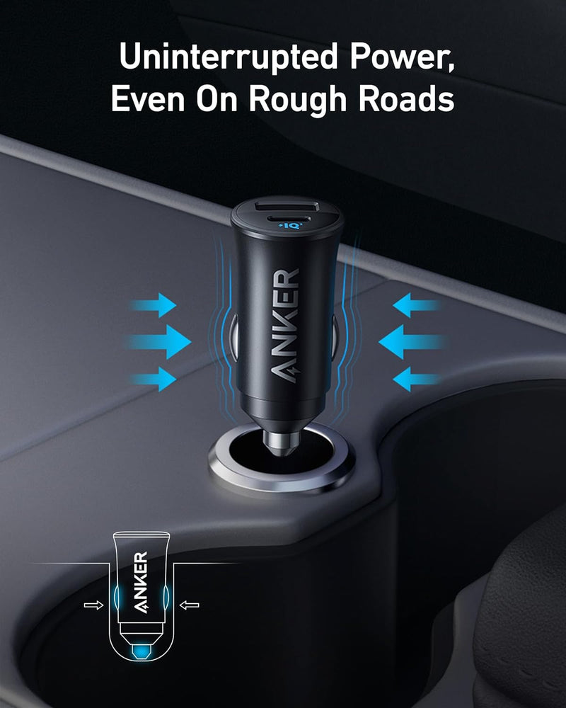 Anker Car Charger (30W, 2 Ports) [D] - Black - شاحن ولاعة للسيارة - انكر - قوة 30 واط - منفذ تايب سي للشحن السريع ومنفذ للشحن الذكي - كفالة 18 شهر