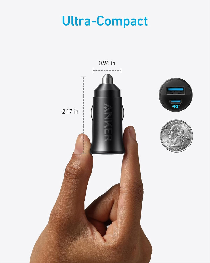 Anker Car Charger (30W, 2 Ports) [D] - Black - شاحن ولاعة للسيارة - انكر - قوة 30 واط - منفذ تايب سي للشحن السريع ومنفذ للشحن الذكي - كفالة 18 شهر