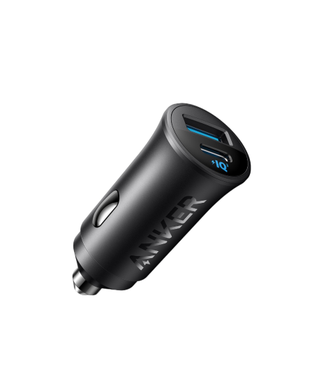 Anker Car Charger (30W, 2 Ports) [D] - Black - شاحن ولاعة للسيارة - انكر - قوة 30 واط - منفذ تايب سي للشحن السريع ومنفذ للشحن الذكي - كفالة 18 شهر