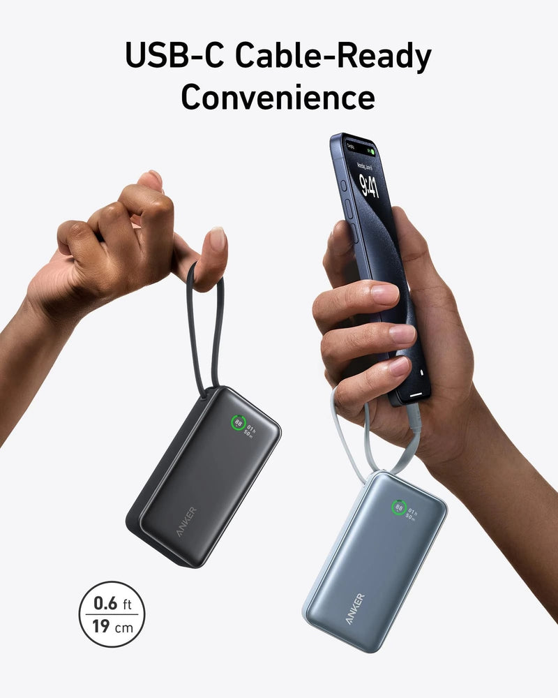 Anker Nano Power Bank (PowerCore 30W,Built-In USB-C Cable) - Blue [D] - بطارية متنقلة - انكر - سعة 10 آلاف ملي امبير - مع سلك شاحن تايب سي - قوة 30 واط - كفالة 18 شهر