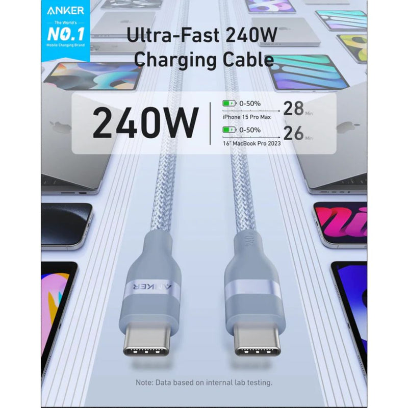 Anker USB-C to USB-C - 0.9m, 240W -Blue [D] - سلك شحن - انكر - تايب سي الى تايب سي - طول 90 سم - قوة 240 واط - كفالة 18 شهر