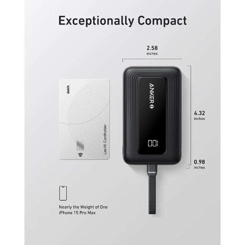 Anker Zolo Power Bank (10K, 30W, Built-In USB-C Cable) -Black [D] - بطارية متنقلة - انكر - سعة 10 آلف ملي امبير - قوة 30 واط - مع سلك شحن  تايب سي - كفالة 18 شهر