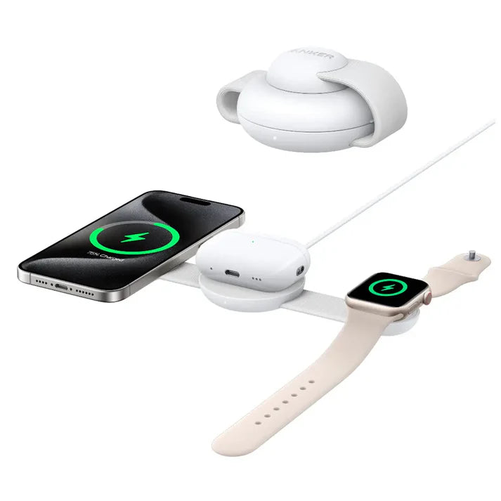 Anker MagGo Wireless Charging Station (3-in-1, Foldable Pad) with Adapter and Cable -White [D] - ستاند شحن - 3 في 1 خاصية الشحن السريع - شحن الايفون + الساعة + السماعة - كفالة 18 شهر