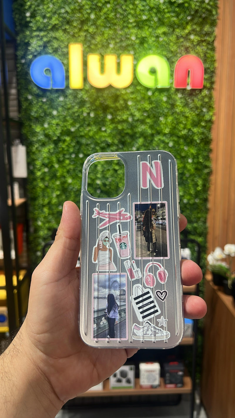 Noufa Silver Phone Case - كفر مع ستيكرز طباعة من اختياركم - الكفر + التصميم + البروفة + الطباعة - سيتم التواصل معكم لتحديد الكلمات والصور