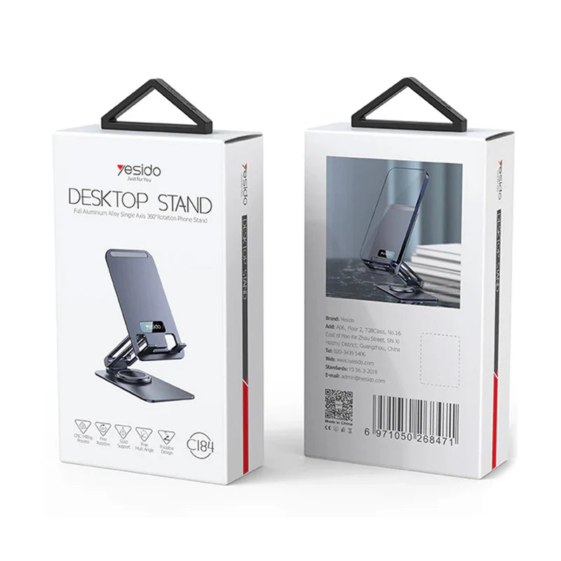 Yesido C184 360 Rotating Aluminum Alloy Folding Phone Holder - Space Gray - ستاند مكتبي - عالي الجودة - دوران 360 درجة - لجميع انواع الاجهزة