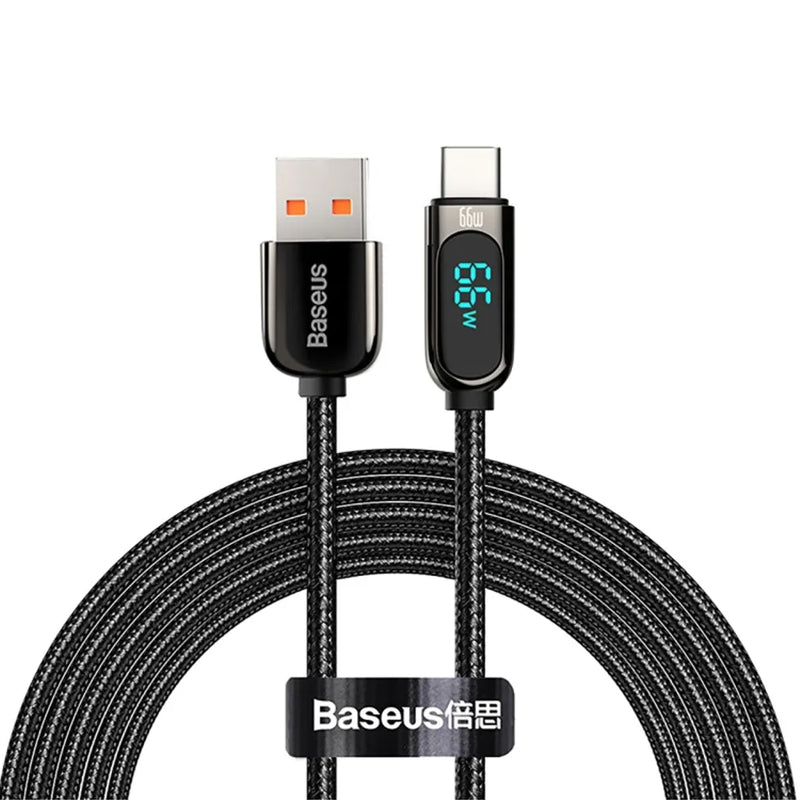 Baseus Display Fast Charging  USB - USB-C Cable 66W, 2m - Black - سلك شحن - بيسوس - تايب سي - شاشة رقمية - طول 2 متر - كفالة 12 شهر