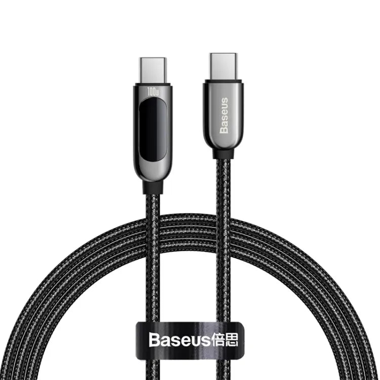 Baseus USB-C to C Cable with Display, 100W, 1m - Black - سلك شحن - بيسوس - تايب سي الى تايب سي - طول 1 متر - شاشة رقمية - كفالة 12 شهر