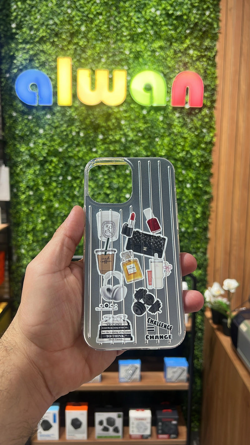 Noufa Silver Phone Case - كفر مع ستيكرز طباعة من اختياركم - الكفر + التصميم + البروفة + الطباعة - سيتم التواصل معكم لتحديد الكلمات والصور