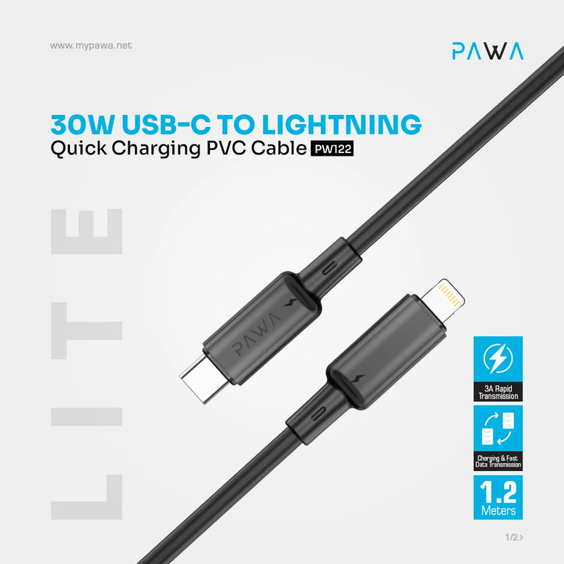 Pawa 3A USB-C TO Lightning Quick Charging PVC Cable PW122 - Black - سلك شحن - باوا - ايفون تايب سي - طول 1.2 متر - كفالة 12 شهر