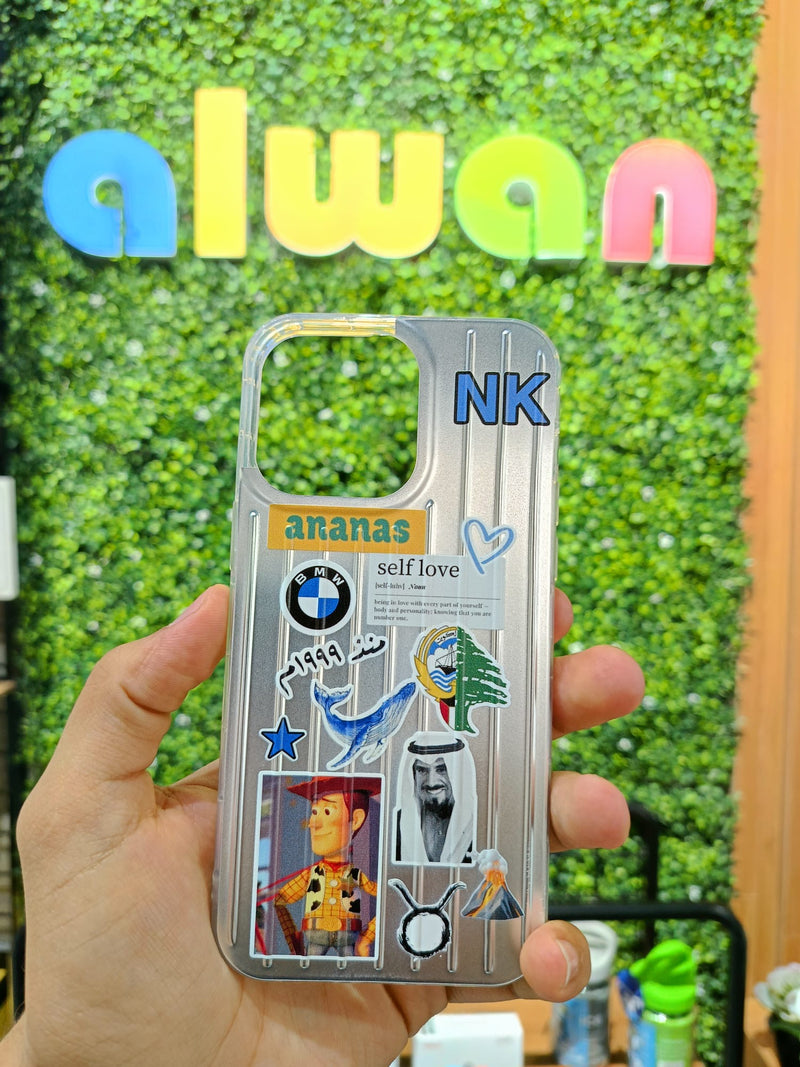 Noufa Silver Phone Case - كفر مع ستيكرز طباعة من اختياركم - الكفر + التصميم + البروفة + الطباعة - سيتم التواصل معكم لتحديد الكلمات والصور