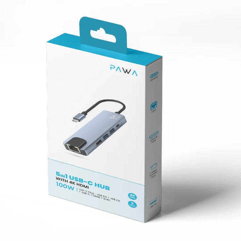 Pawa 5IN1 USB-C HUB WITH 4K HDMI - وصلة تايب سي - 5 في 1 - لاجهزة الايباد برو والماك بوك - متعددة الاستخدام - كفالة 12 شهر